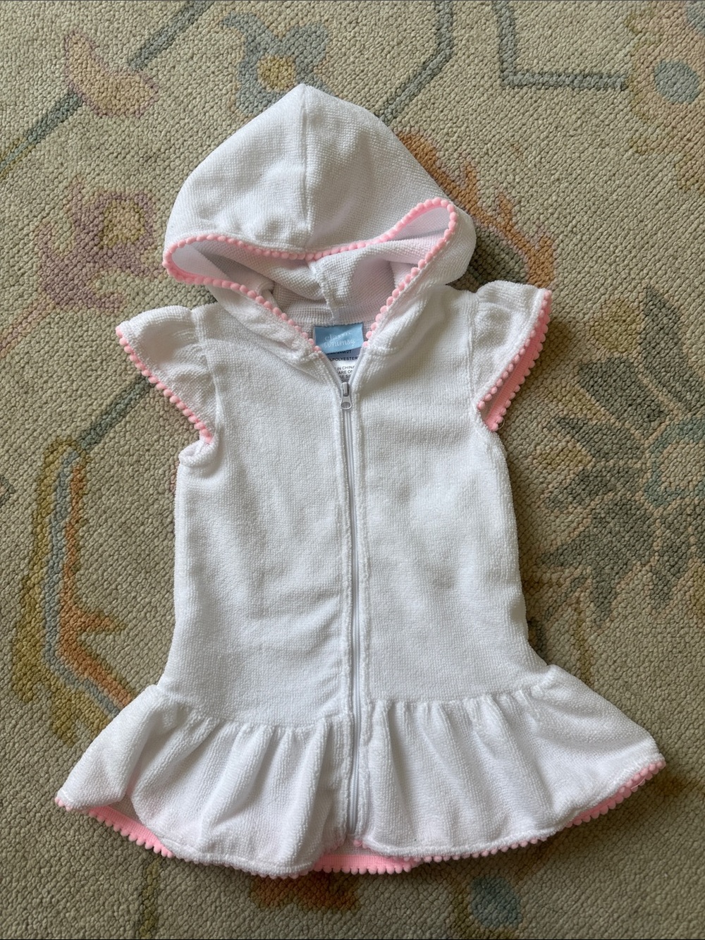 White Hooded Girls' Swim Coverup with Pink Trim